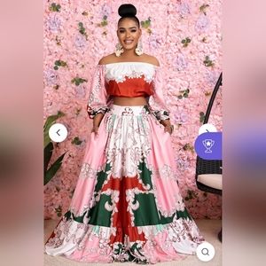 2/$75 NWOT LORAGAL Two Piece Set Graphic Crop Top and Pleated Skirt, Size XL